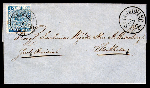 Albumblad innehållande 1 monterat frankerat brev

Text: 1856-25/7 - 4 Skilling Banco - blue - on letter from
Linköping to Stockholm

Stämpeltyp: Normalstämpel 10
