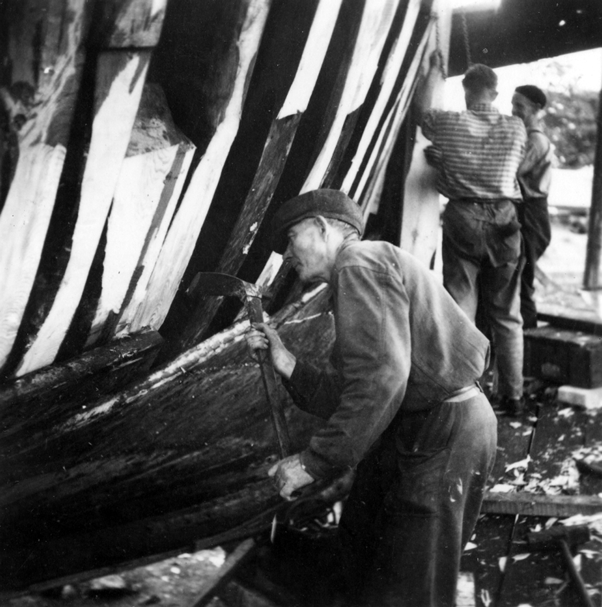 M/S Don Carlos från Säffle. Nyinsatta spant mörkes efter turkäpp och sliktas därefter jämna för bordläggningen. Aug 1954.