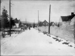 boligbebyggelse, gjerde, vei, kvinne, snø, telefonstolper