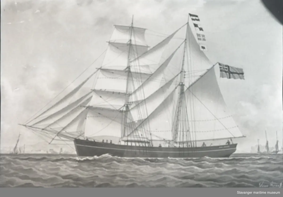 Avfotografert skipsportrett av skonnertbrigg "Kong Kaare" Capt. Michael S. Cristiansen.