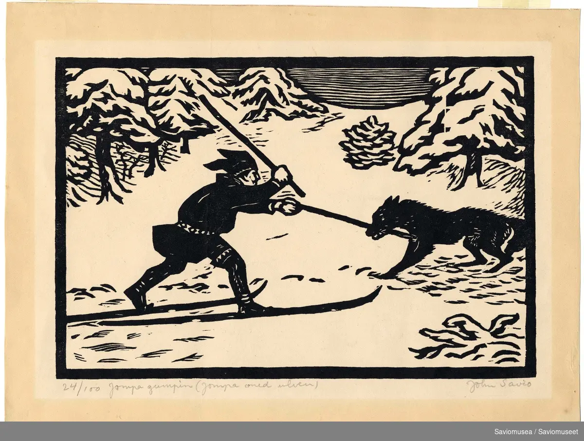 Mann på ski kledd i kofte, lue, dekorerte bellinger og belte kjemper mot en ulv som har tatt tak i en av skistavene hans. Satt i vinterlandskap.