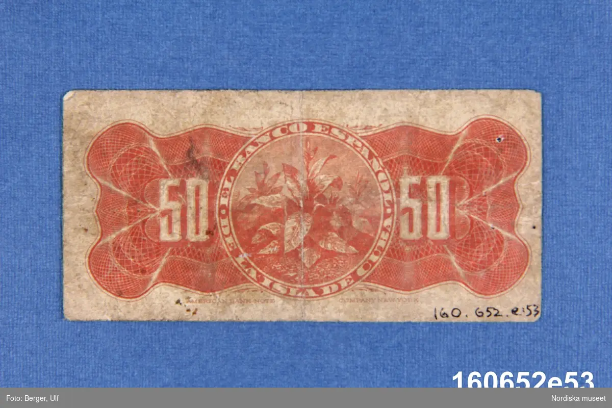 Sedel utgiven av El Banco Español de la Isla de Cuba, 50 centavos. Daterad Havanna 15 maj 1896, nr 0964834.