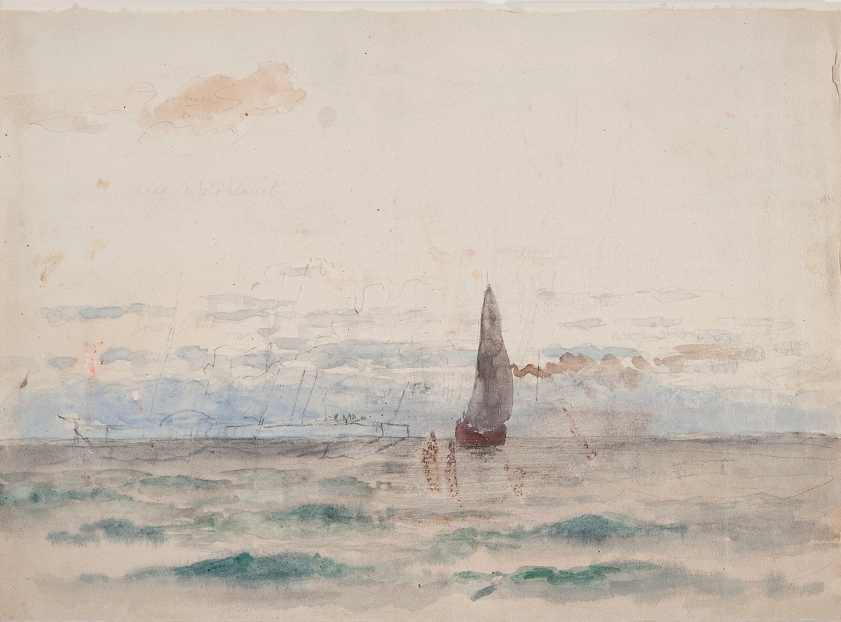 Framsida; Fregattskepp, länsande i storm med små segel, sett förifrån om styrbord. 

Frånsida; Sjöstycke en ensam segelbåt i mitten, till vänster blyertskonturerna till en hjulångare babords sida.