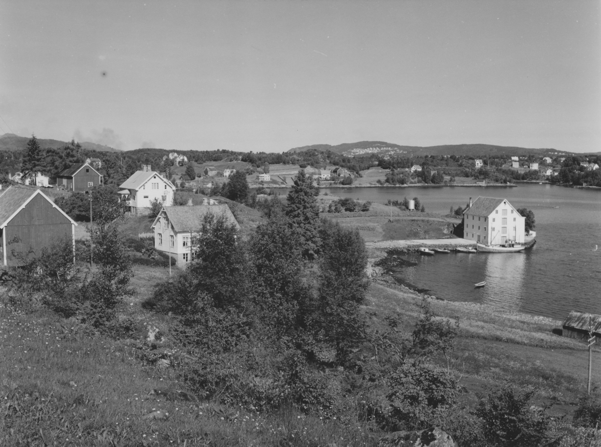 Gårdsanlegg på Furneset med sjøbod. I bakgrunnen viser en del av gårdene som ligger langs Mauseidvågen.