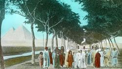 Dias: Egypt: Tegning: Vei med mennesker, pyramider i bakgrun