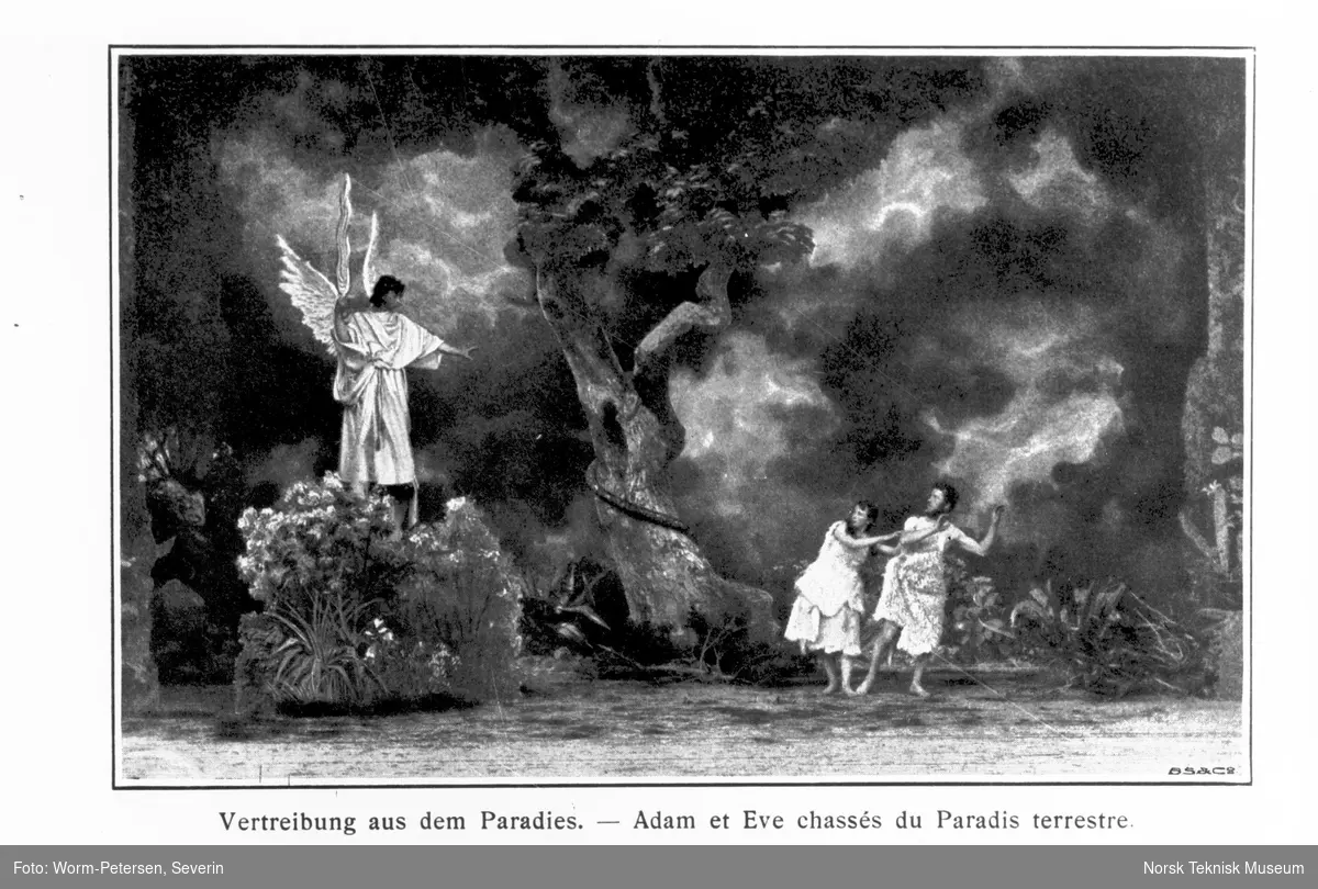 Uddrivelsen af paradiset. Adam og Eva. Avfotograferinger fra Skuespillet i Oberammergau 1900. Bibelske motiver.