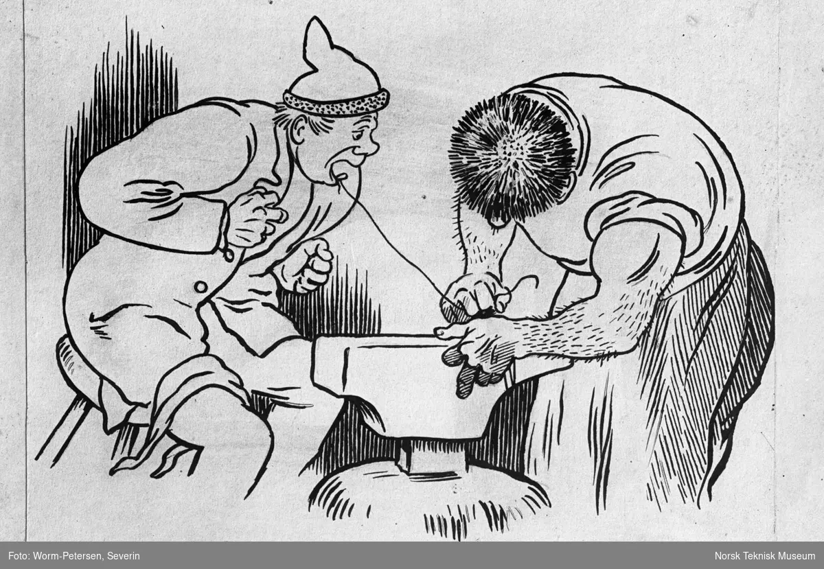 Humoristisk tegning av Theodor Kittelsen; Trekking av tann
