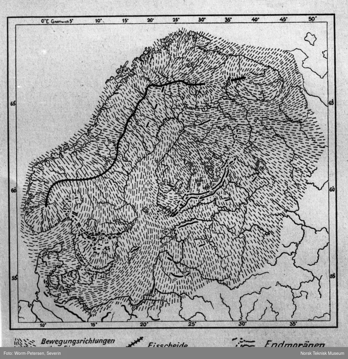 Geologisk kart over isbreer og morener over Skandinavia