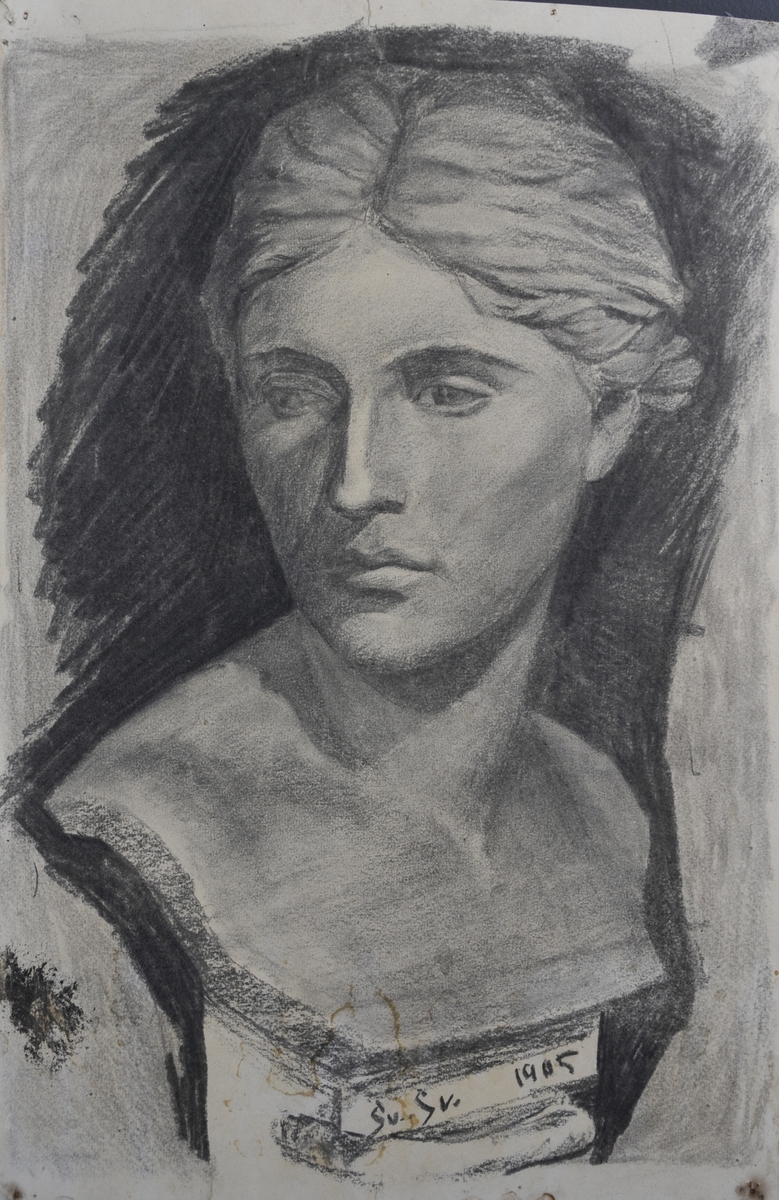 Teikning av ei kvinnebyste, truleg i marmor. Ansiktet er vendt mot venstre.