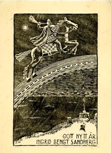 En medeltida ryttare blåsande i horn rider på regnbågen, ovan text: "GOTT NYTT ÅR INGRID BENGT SANDBERG".