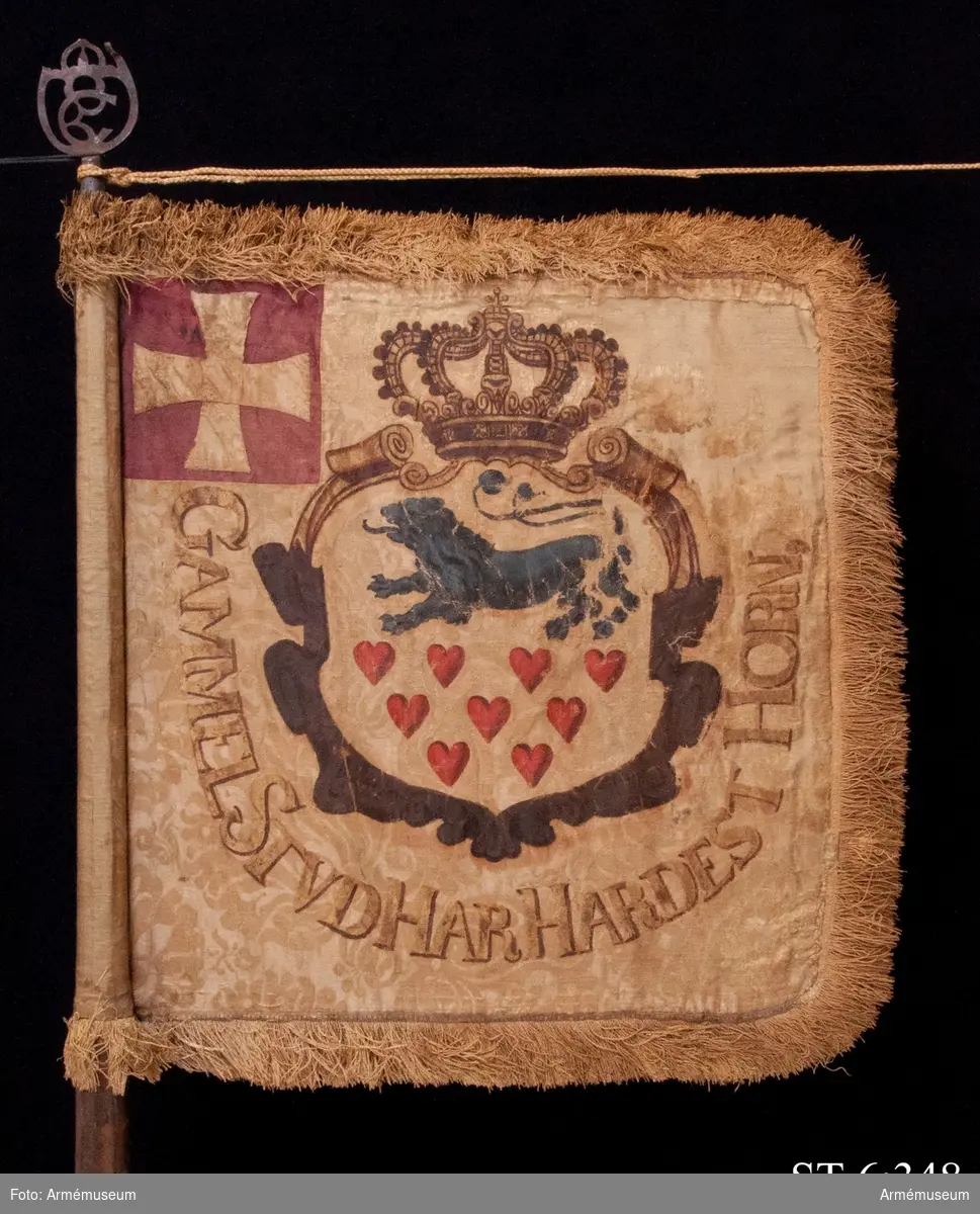 På stången finns en fastklistrad papperslapp med texten: "No 4 Danskt Estandar taget under (...)nung Carl d XI eget höga befäl (...) Lund och Rönnberga. d 4 Dec 1676"