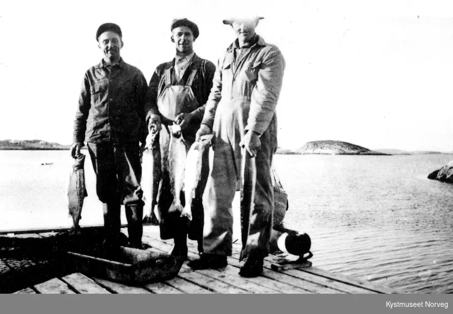 Helge Gladsø, Ivar og Thoralf Strøm på laksefiske ved "Jollbua" på Versøya i Flatanger