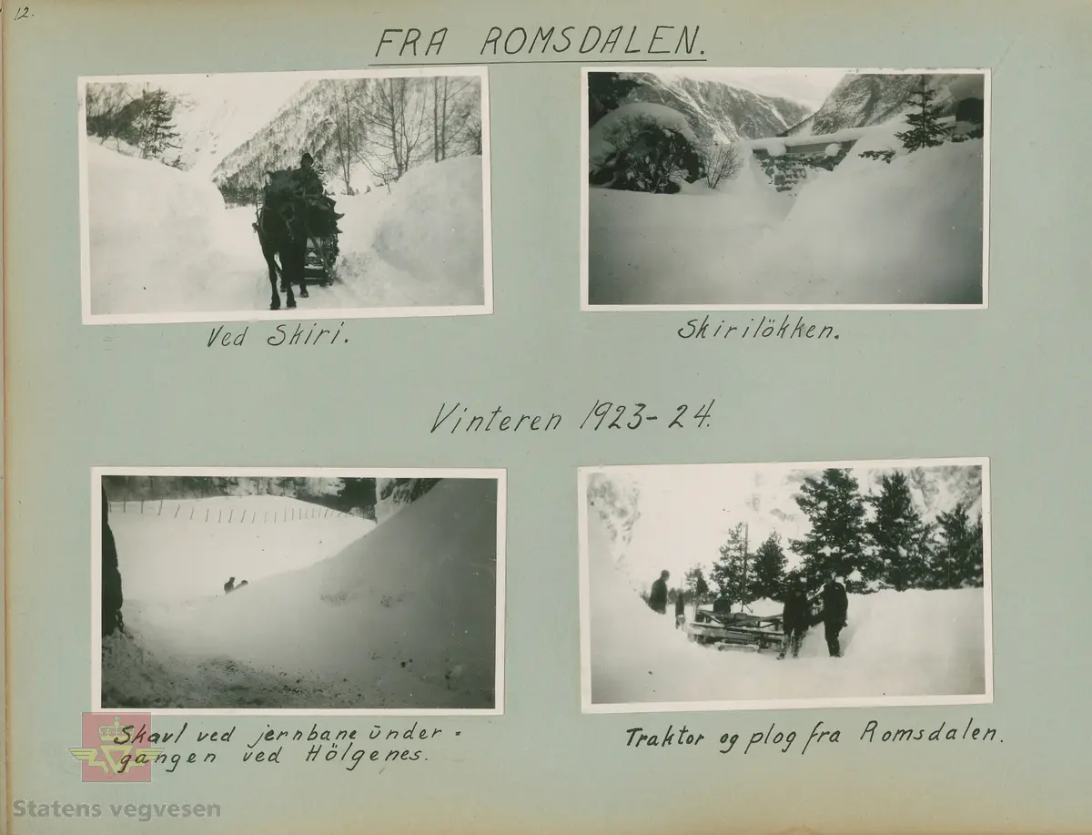 Album fra 1918-1934, "Snebrøyting." Fra Romsdalen, vinteren 1923-1924. Brøyting med plog.