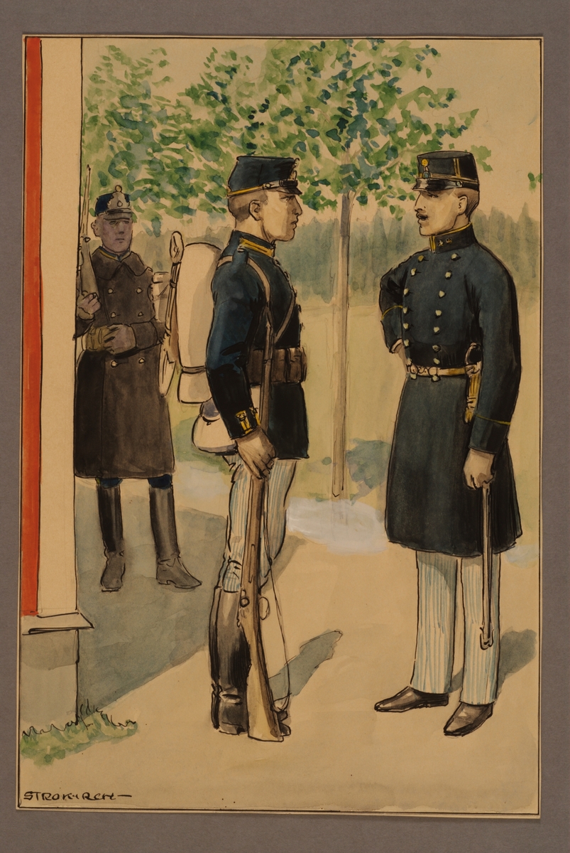 Plansch med uniform för officer och meniga vid Västgöta regemente 1886, ritad av Einar von Strokirch.