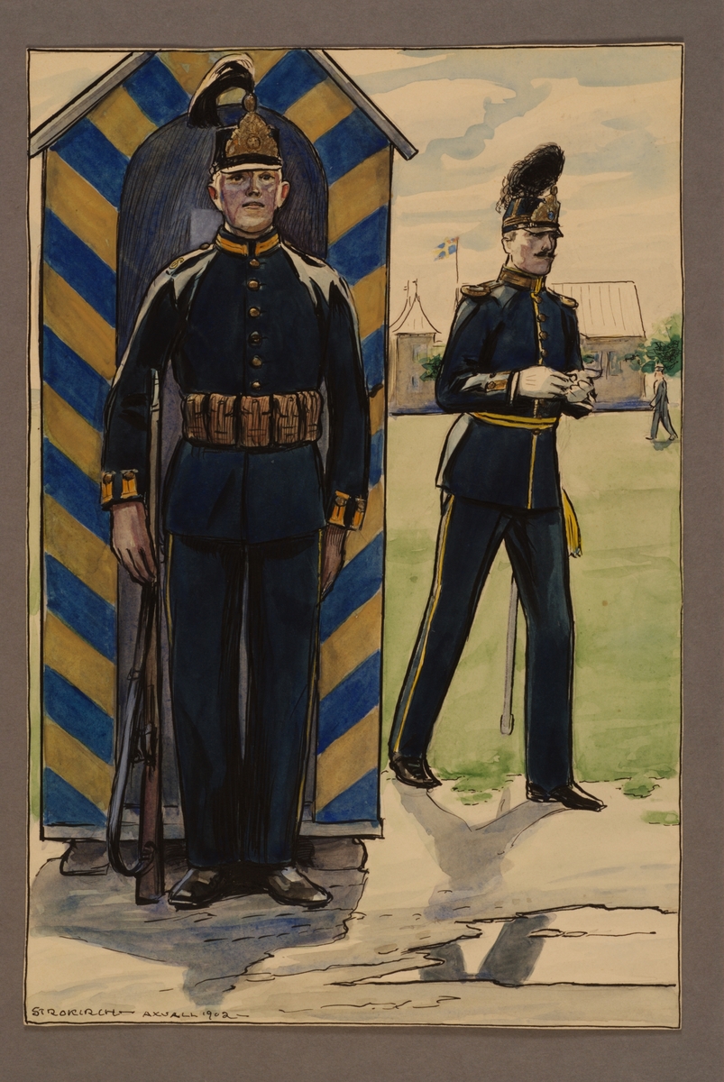 Plansch med uniform för soldat och officer vid Västgöta regemente 1900, ritad av Einar von Strokirch.