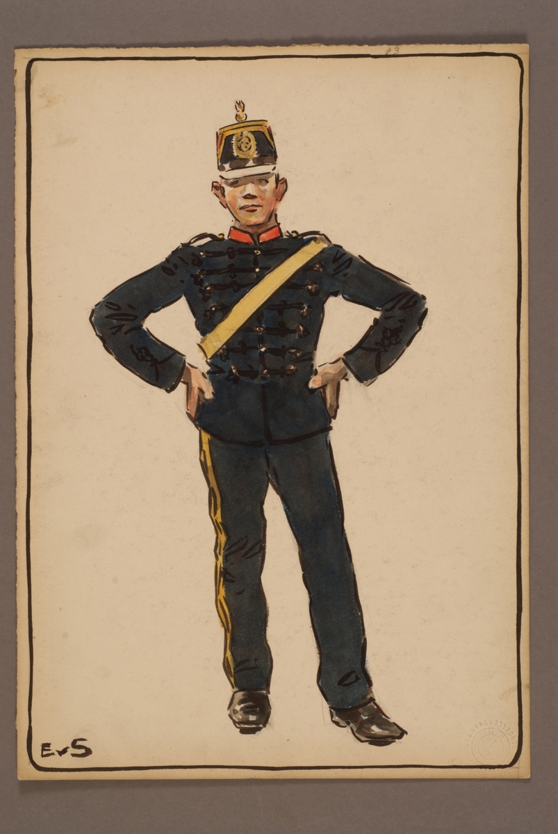 Plansch med uniform för Vaxholm artillerikår, ritad av Einar von Strokirch.