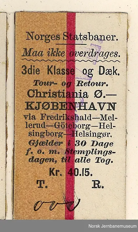 Tur/returbillett Christiania Ø-København o/Helsingborg-Helsingør, 3die Klasse og Dæk