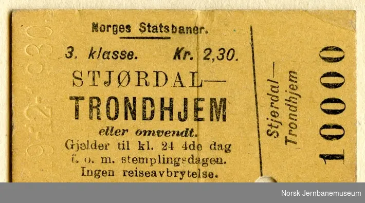 Billett Stjørdal-Trondhjem, 3. klasse, brukt
Siste solgte billett Stjørdal-Trondhjem før navneendringen til Nidaros 01.01.1930. Billetten har utydelig datostempel, men det er 1930.