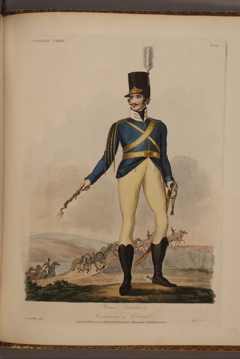 Plansch med uniform för beridet artilleri, ritad av Frederic Eben i boken The Swedish Army, utgiven 1808.