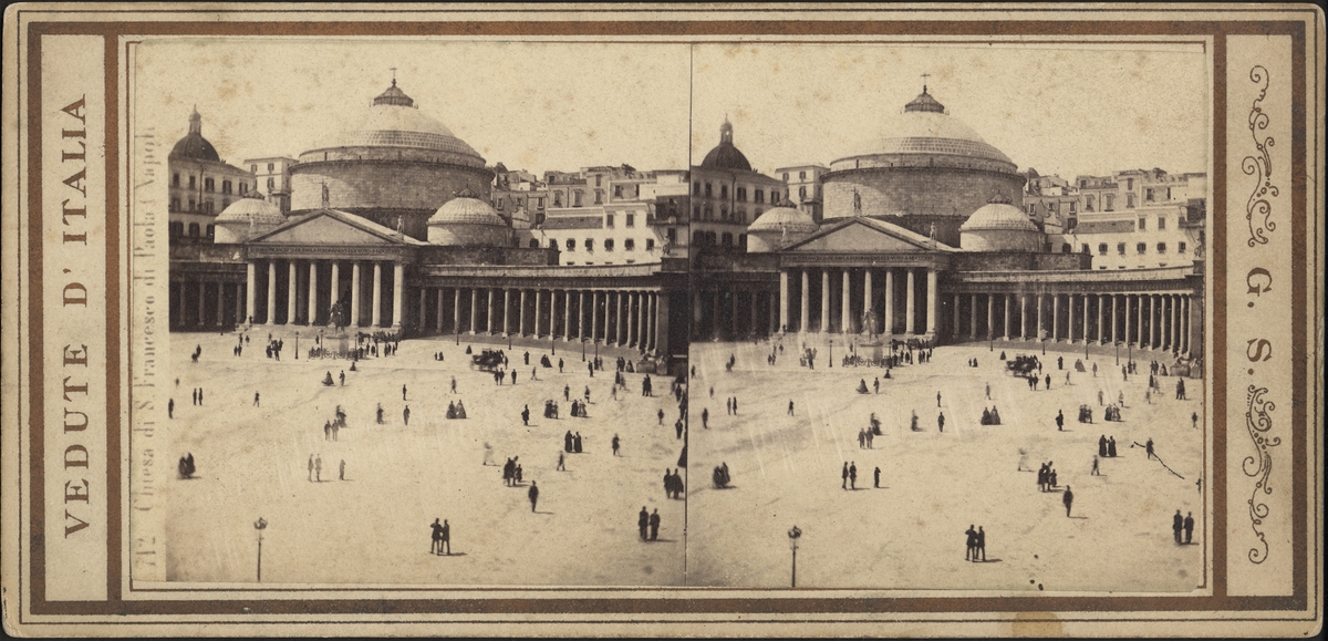Stereobild av torget i Neapel, Piazza del Plebiscito och kyrkan San Francesco di Paola.