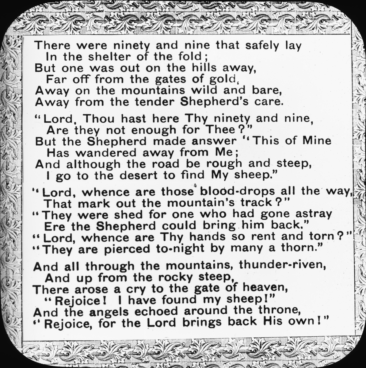 Skioptikonbild. Psalmen "De nittionio" (The Ninety and Nine) av Elizabeth C. Clephane (1868), som refererar till den gode herden (the Good Shepherd).



