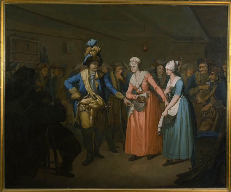 Et maleri som viser en oberst i samtale med to damer. Mange soldater står i bakgrunnen.