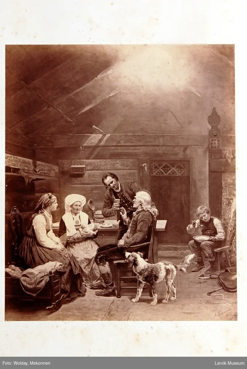 bondeinteriør, måltid, 6 personer og en hund fotografisk trykk av maleri av A. Tidemand 1871