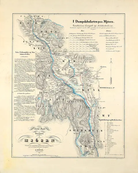 "Reisekart i omegnen af Mjøsen", utarbeidet av J. Finne i 1845
