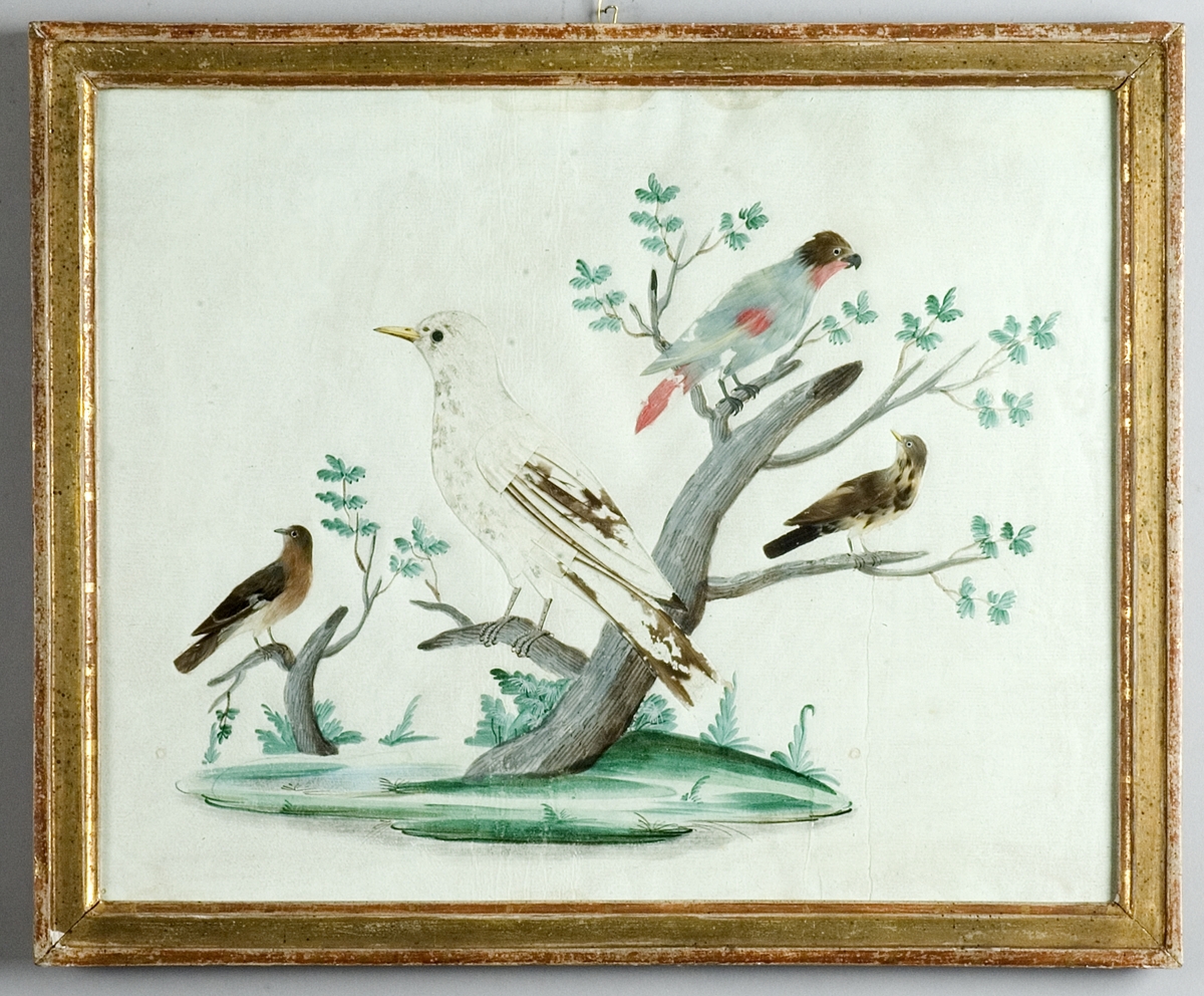 Decoupure på papper. Fyra fåglar sittande i ett träd. Grenar och mark målade med akvarellfärg. Fåglarna utklippta med påklistrade fjädrar och delvis målade.