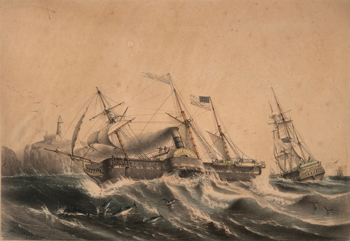 Amerikansk hjulångare under segel i storm utanför klippig kust.