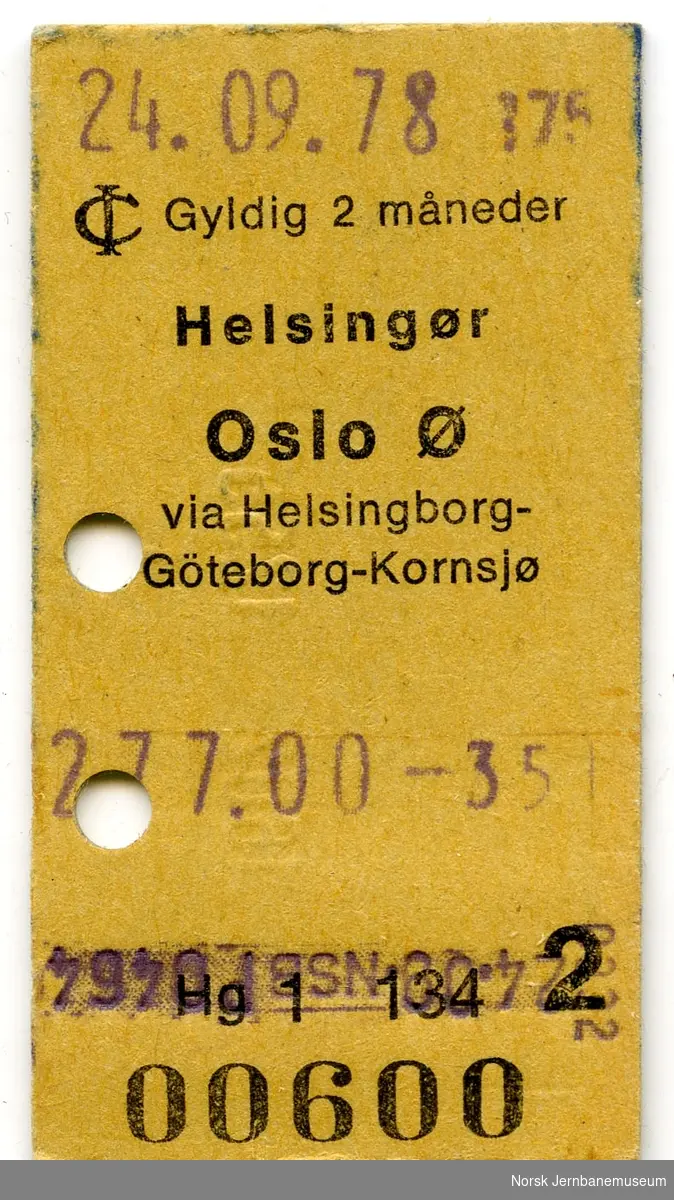 Billett Helsingør-Oslo Ø, 2. kl.
