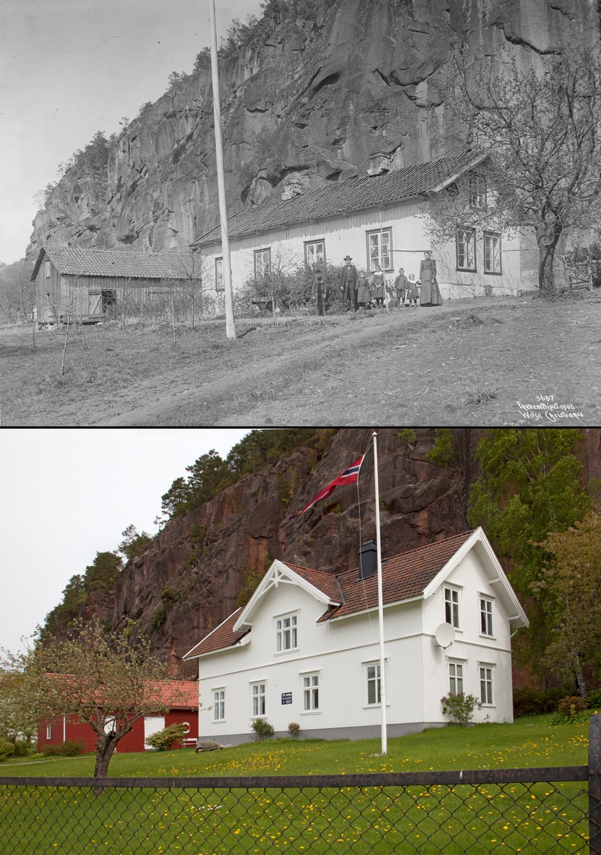 Refotografering. "Krok-Pedersens" hus, Krokåsen i Svelvik, Vestfold. På bildet fra 1906 står familien foran huset, som nå er utvidet. Fotografert 1906 og 2014.