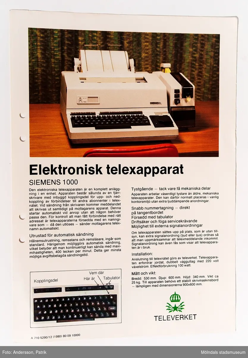 Reklamblad: Elektronisk telexapparat Siemens 1000, utgivet av Televerket 1980.