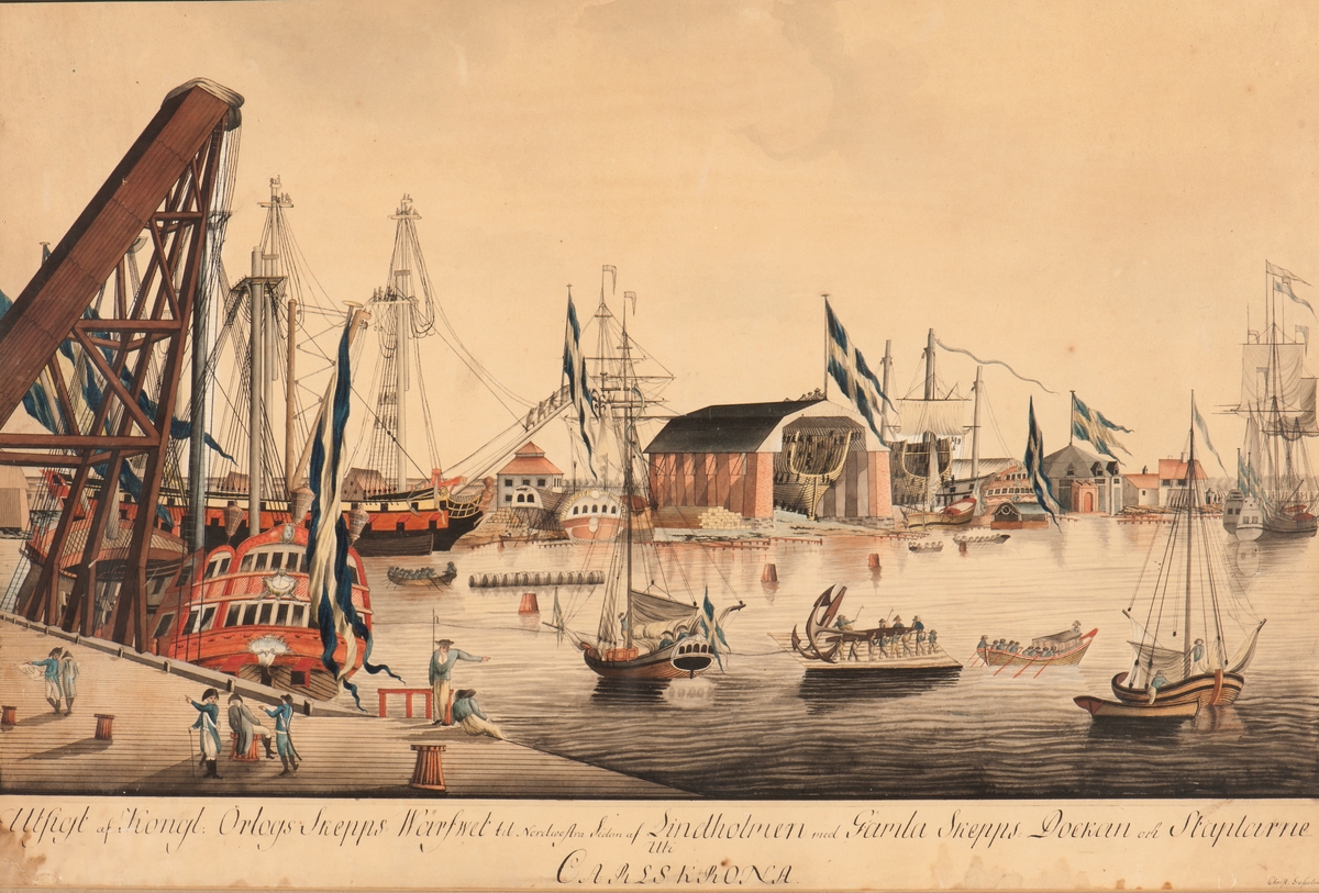 Varvsbild från Karlskrona, sannolikt hösten 1782.
Teckningen är beskuren och är försedd med en påklistrad kant.

De större fartygen torde vara, räknat från vänster, Hedvig Elisabet Charlotta, sjösatt 1781, Gustaf III, sjösatt 1777, i skepsskjulet (Wasa-skjulet) Kronprins Gustaf Adolph och på stapelbädden intill fregatten Bellona, vilka nybyggnader kölsträcktes 18 juli 1782 och sjösattes 6 nov 1782, samt i Polhemsdockan Adolph Fredrik, sjösatt 1775. Fartyget intill Wasa-skjulet förande preussisk flagg är troligen en lastdragare som till varvet fraktat det timmer (ekplankor ?) som ligger upplagt invid skjulets fot. Varvet importerade på denna tid mycket ekvirke från Pommern.

1940 då motortorpedbåtslipen skulle byggas å Lindholmen (Karlskrona) uppfördes först en fångdamm varefter vattnet utpumpades. Man hittade då en pråm lastad med ekplankor av samma typ som man kan se på akvarellen.