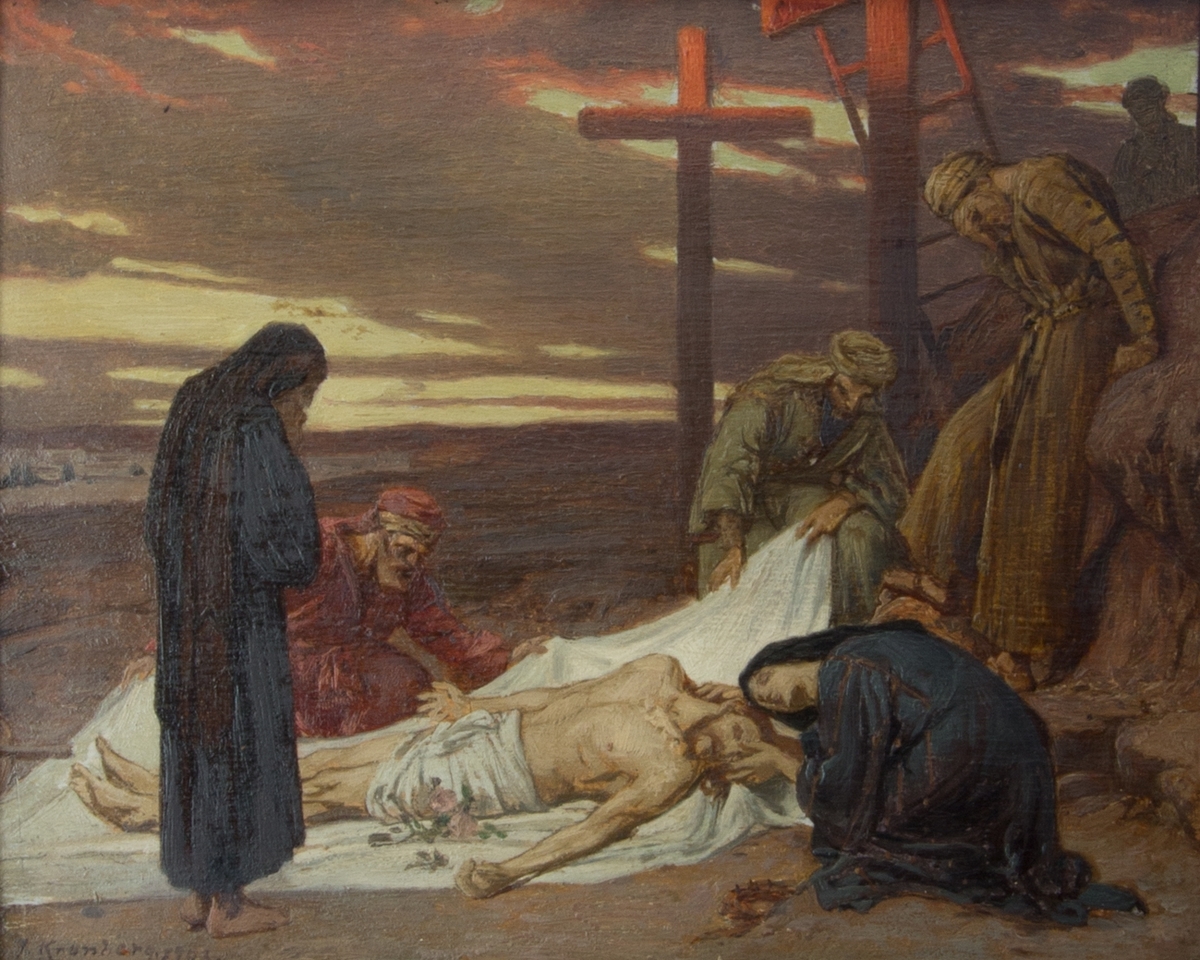 Sörjande vid Jesu döda kropp, efter det att hans kropp tagits ner från korset.