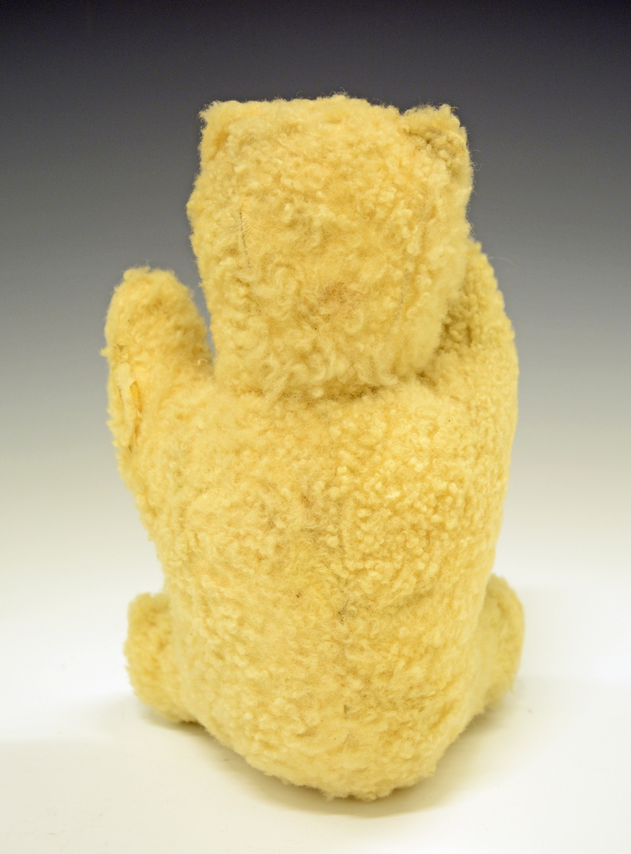 Fra protokollen: 
Teddybjørn, sydd av saueskinn med kortklippet ull. Bart skinn under fotlabbene. Ikke-bevegelige armer og ben. Små ører. Blå knapper til øyne. Rød skinn-munn.