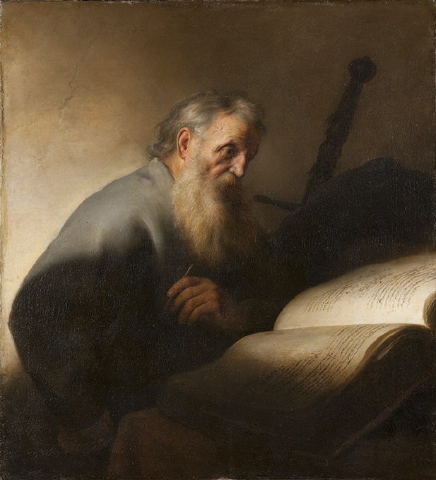 Den åldrade, vitskäggige aposteln Paulus porträtteras här som teolog och nytestamentlig författare. Han är avbildad i halvfigur och trekvartsprofil, vänd åt höger, och iklädd en gråblå mantel. I vänster hand håller han en gåspenna, medan han sitter lutad över en uppslagen foliant, försjunken i djupa grubblerier. Bakgrunden utgörs av en neutral gråaktig vägg; ett varmt gyllene ljus lyser upp gestalten från vänster.Målningen ingår i en grupp verk som Lievens utförde under sina tidiga år i Leiden. Motivet med den lärde åldringen i sin studerkammare är gemensam för denna grupp, liksom kompositionen i halvfigur och den kraftiga ljuskällan, som lyser upp scenen från vänster. Under dessa år hade Lievens nära kontakt med Rembrandt, och det var han, som inspirerat kollegan till motivtypen, en lärd gammal man. Detsamma gäller den speciella ljusföringen, som erinrar om Rembrandts självporträtt från 1620-talets slut. Utmärkande för Lievens […] är formatet i naturlig storlek, kompositionen med den stora gestalten i bildens förgrund och framställningen av aposteln i trekvartsprofil (Rembrandt och hans tid, Nationalmuseum, Stockholm 1992-93, nr 96)Beskrivning som månadens nyförvärv, September 2012Målning föreställande aposteln Paulus, av Jan LievensNationalmuseums omfattande samling av äldre holländskt måleri har berikats med ett av Jan Lievens (1607-1674) främsta verk. Han föddes i Leiden där han 1615 studerade för Joris van Schooten, och därefter hos Pieter Lastman i Amsterdam mellan cirka 1619-1621. På slutet av 1620-talet arbetade Lievens nära Rembrandt, varför deras verk från den tiden ofta är svåra att särskilja. År 1632 reste Lievens till England där han fick flera uppdrag av det engelska hovet, för att därefter bege sig till Antwerpen där han blev medlem av stadens målargille. Från 1643 till och med sin död 1674 levde och verkade Lievens framförallt i Amsterdam, med undantag för ett antal vistelser i Haag och i födelsestaden Leiden.Den monumentala målningen föreställande aposteln Paulus är ett karakteristiskt verk av Lievens från den period i Leiden då han samverkade nära med Rembrandt. Ett släktskap med Rembrandts måleri från samma tid, det vill säga cirka 1627-29, märks både motiviskt och kompositionellt, men också i den ljusbehandling som Lievens använt sig av. Här kan särskilt framhållas motivet med aposteln framställd i halvfigur, den kraftfulla ljus- och skuggbehandlingen med en ljuskälla som lyser upp scenen från vänster liksom den inkännande och av realism präglade skildringen av Paulus fårade ansikte och grova hand. Paulus framställs av Lievens som en lärd gammal man som är försjunken i tankar då han är i färd med att fortsätta sitt skrivande i en stor, uppslagen bok.Jan Lievens målning avbildande aposteln Paulus har i forskningen om konstnären daterats till åren omkring 1627-29. Målningen kom ursprungligen till Sverige genom den betydande konstsamlaren Gustav Adolf Axelsson Sparre (1746-1794). Den så kallade Sparreska samlingen räknas idag till en av de främsta i landet under 1700-talet vid sidan av Gustav III:s, Lovisa Ulrikas och Carl Gustaf Tessins konstsamlingar.Nationalmuseum har haft möjlighet att förvärva den betydande målningen av Jan Lievens med hjälp av donationsmedel från Wirosfonden. Förvärvet från konstsamlingen på Wanås, där de återstående delarna av den Sparreska samlingen finns idag, är ett av de mest betydande som Nationalmuseum har gjort på senare år.Nyförvärvet går att se i salen med holländskt och flamländskt 1600-talsmåleri på plan 2 från den 7 september.