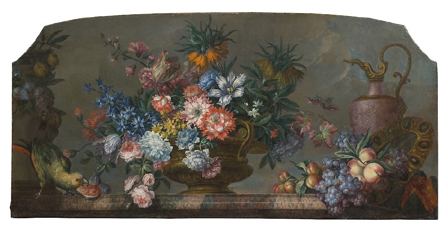 Blomsterstycke med vaser och papegoja