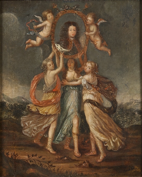 Tre allegoriska figurer bärande Karl XI:s porträtt
