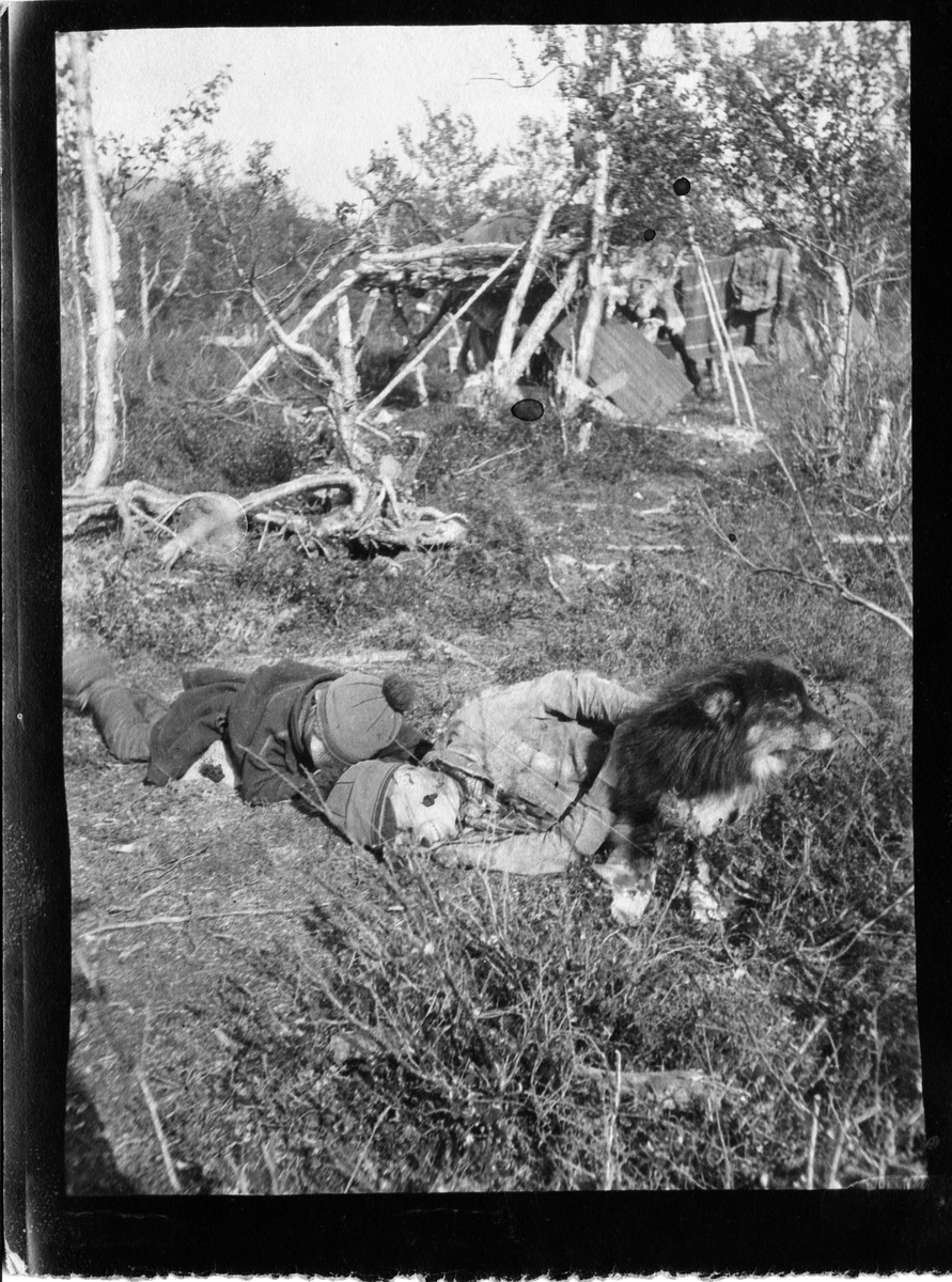 John Bauers Lapplandsresa sommaren 1904. Två samepojkar och en hund vid samelägret i Ripaisenjoki.