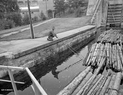Tømmerfløteren Harald Gunneng, fotografert i arbeid ved et a