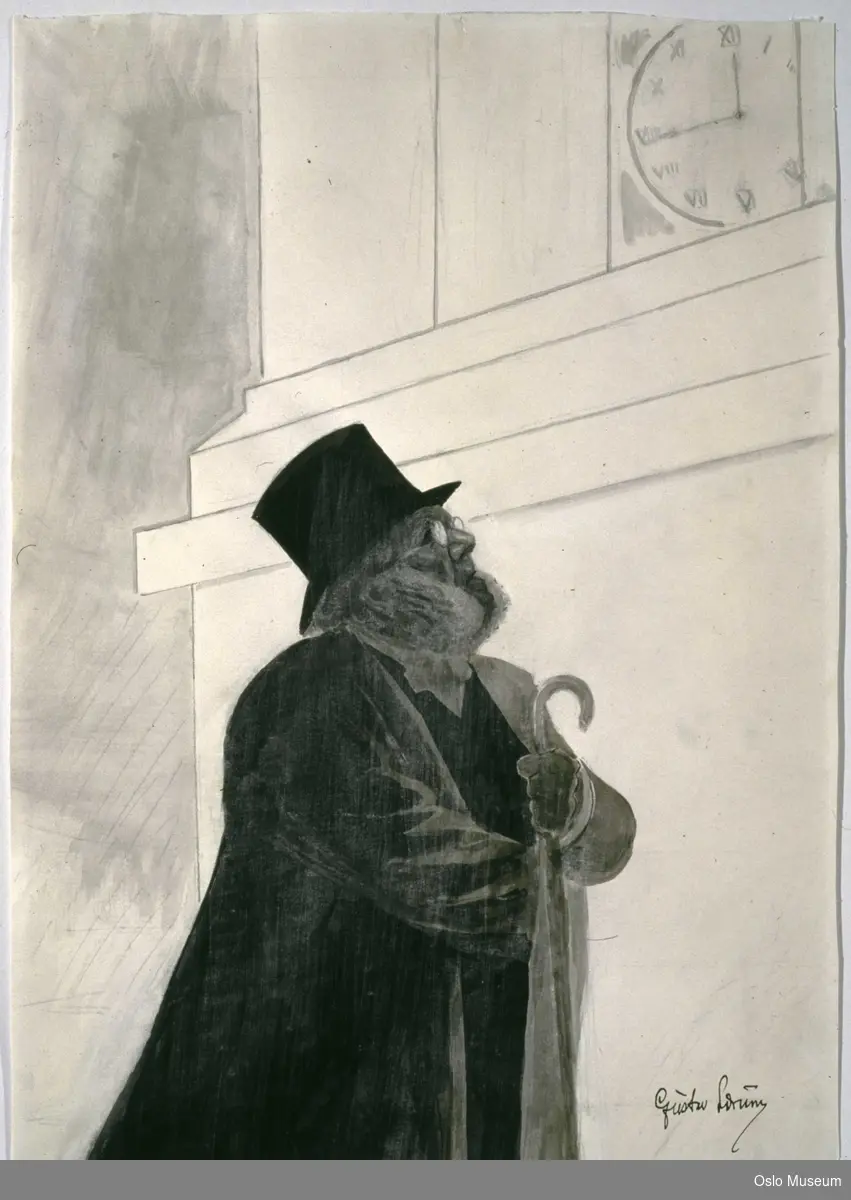 karikatur, mann
Knebilde, høyre profil, høyre arm innunder frakken, venstre holder paraplyen.