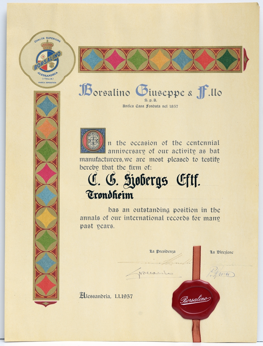 Lysegult papir med fargetrykk, håndskrevne signaturer og rødt lakksegl m. silkebånd.