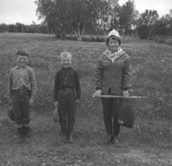 Tre barn fotografert på et jorde. Til venstre på bildet står