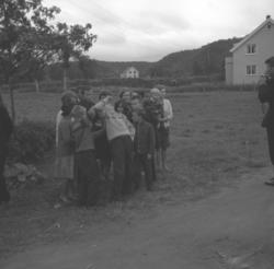 Noen barn og ungdommer står i en klynge ved en grusvei i Nei