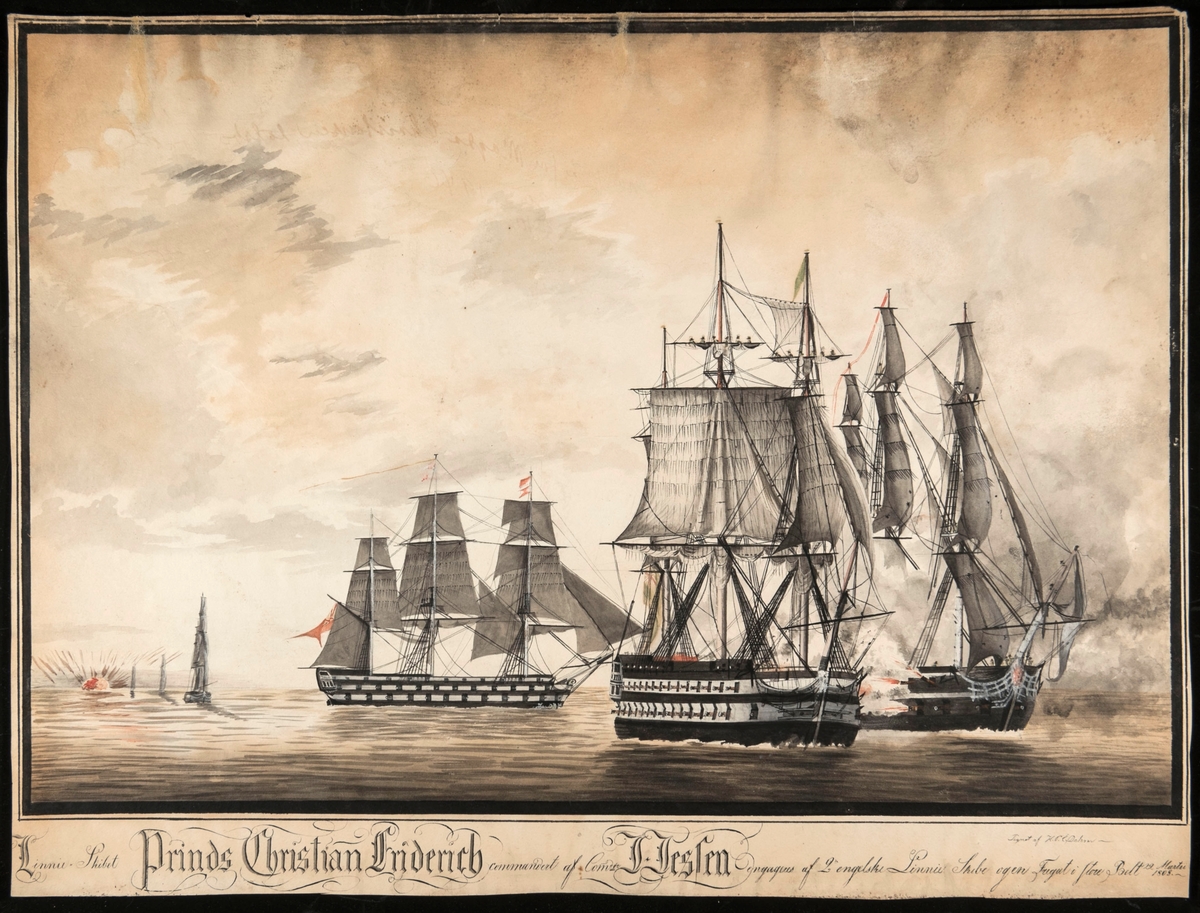 Fra slaget ved Sjællands odde, med linjeskipet 'Prinds Christian Friderich' og engelske krigsskip.