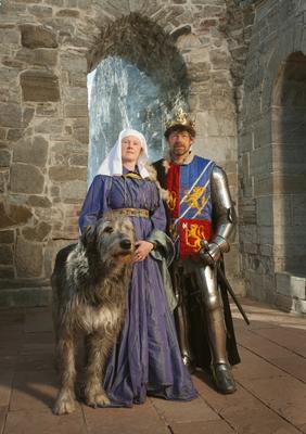 Kong Magnus VI står i til høyre med sin dronning med hvitt hodelin og blå kjole. De har en ulvehund til venstre for seg og middelalderruinen på Hamar i bakgrunnen.