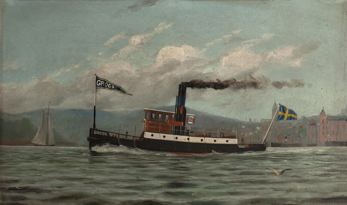 Bogserbåten Grogg under gång utanför kvarnen "Tre Kronor”. I bakgrunden en "rospigg”