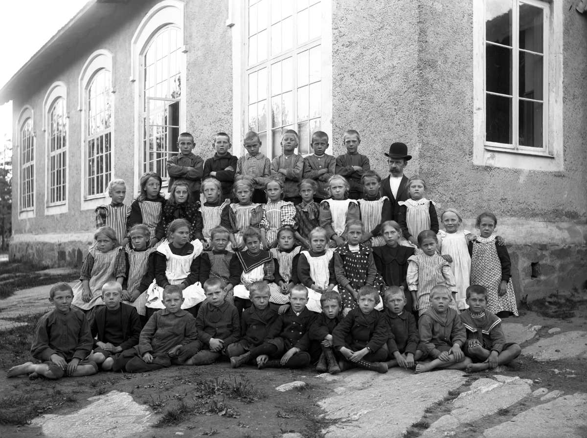 Foto taget utanför Hägensbergs skola ute på Hammarö, troligen på 1920-talet.
Står där än idag och används troligtvis som kommunförråd.
Lärare på bilden med svart hatt är Linder som också var klockare.