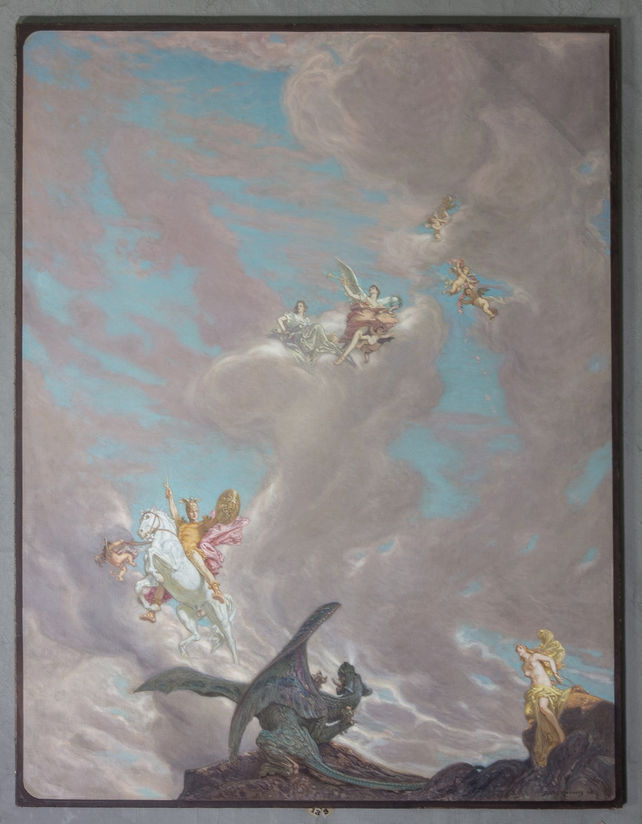 Perseus befriar Andromeda. Till vänster omgiven av moln Perseus med sköld och hjälm sittande på sin vita häst. Till höger den fjättrade Andromeda på en klippa. I förgrunden en svart drake. Bakgrund av moln och svävande figurer.